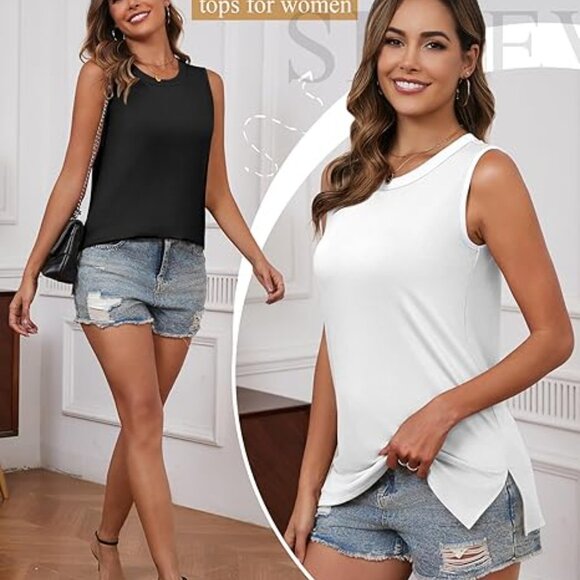 3 Pack Women's Sleeveless Tank Tops, Cotton Summer Crewneck Split Side Ribbed - Picture 6 of 8